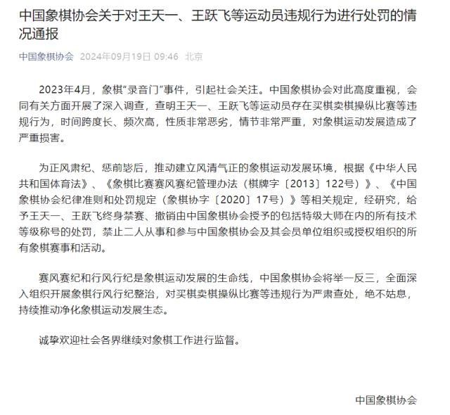 王天一、王跃飞两位象棋特级大师终身禁赛